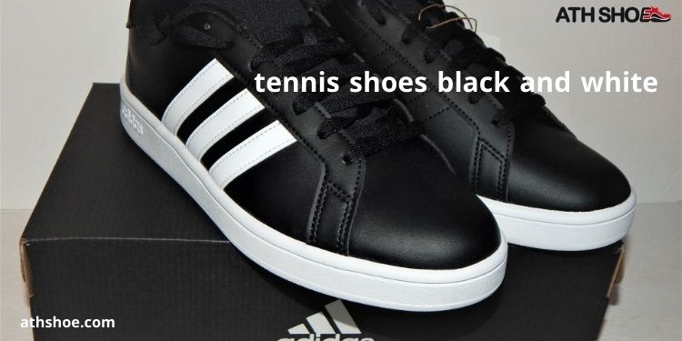 An image containing black Adidas tennis shoes as part of a discussion about tennis shoes black and white