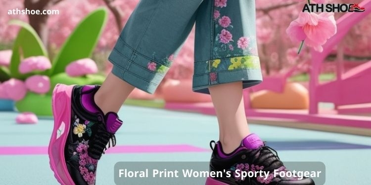 An image containing part of a woman's leg wearing beautiful sports shoes, as part of a discussion about the best Floral Print Women's Sporty Footgear
