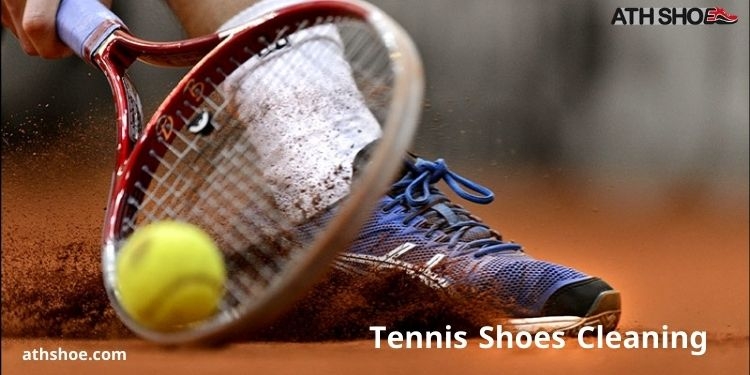 An image of a tennis racket, a tennis ball, and part of a man wearing tennis shoes in the discussion about Tennis Shoes Cleaning