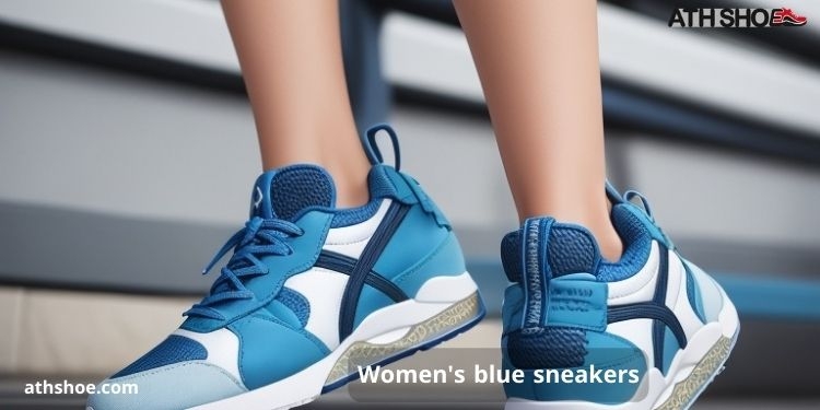 An image of part of a woman's leg wearing blue sneakers in a conversation about Women's blue sneakers