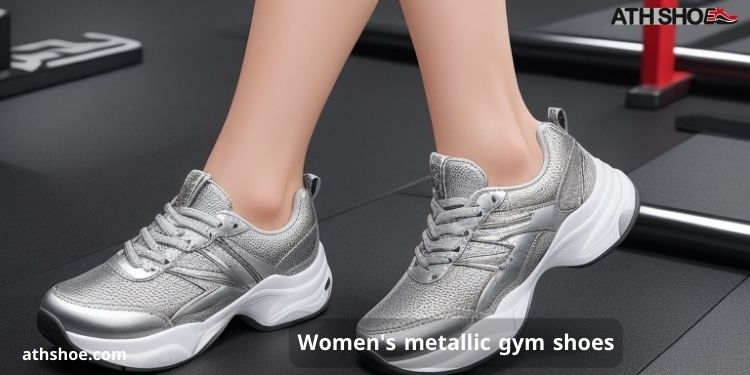 An image containing part of a woman's man wearing beautiful colored sports shoes within the conversation about Women's metallic gym shoes
