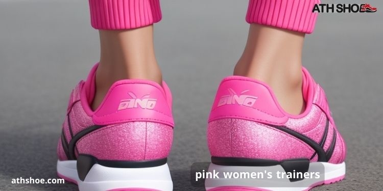 An image containing part of a woman's leg wearing sneakers within a conversation about Pink women's trainers