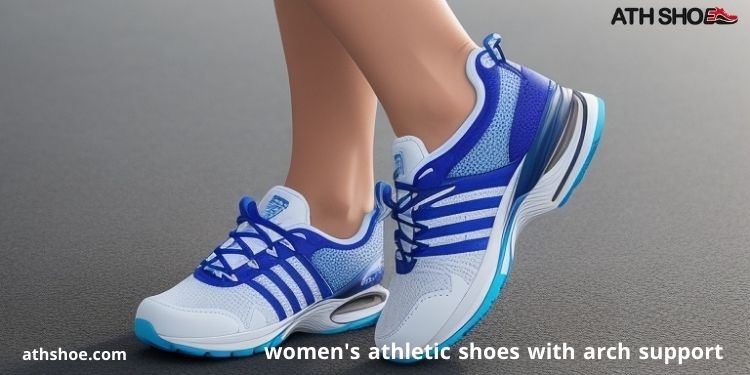 An image containing part of a woman's man wearing athletic shoes on a gray background within a conversation about women's athletic shoes with arch support