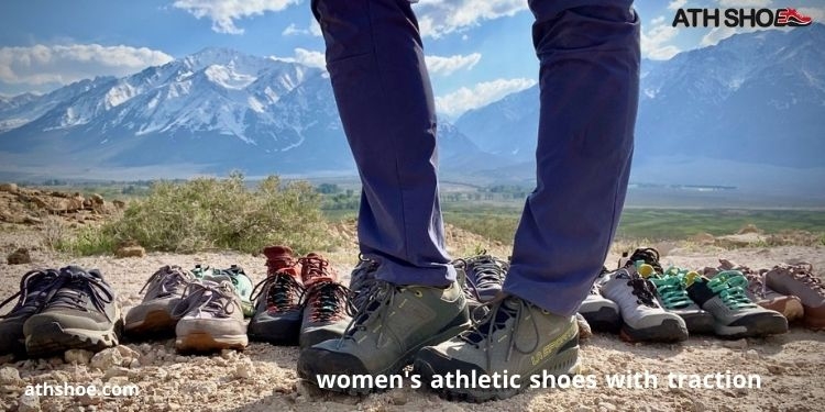 A picture of a man and a woman in the middle of a number of athletic shoes within a conversation about women's athletic shoes with traction