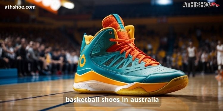 An image of a pair of sports shoes on a basketball court as part of a discussion about basketball shoes in Australia