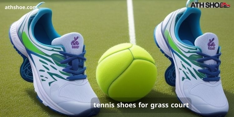An image of a sports shoe with a tennis ball as part of a discussion about tennis shoes for grass court in Australia