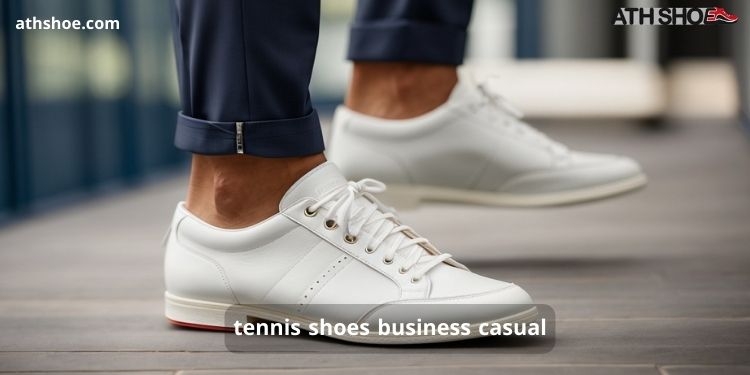 A picture with a white sneaker on a man's leg is included in the conversation about tennis shoes business casual in Australia