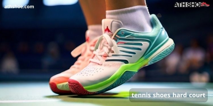 A picture of a player's sports shoes in a conversation about tennis shoes hard court