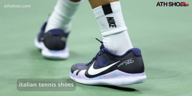 A picture of a tennis shoe on a player's leg is part of the talk about italian tennis shoes