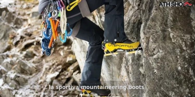 A picture of a mountaineering boot on the leg of a person climbing a mountain, as part of a conversation about la sportiva mountaineering boots