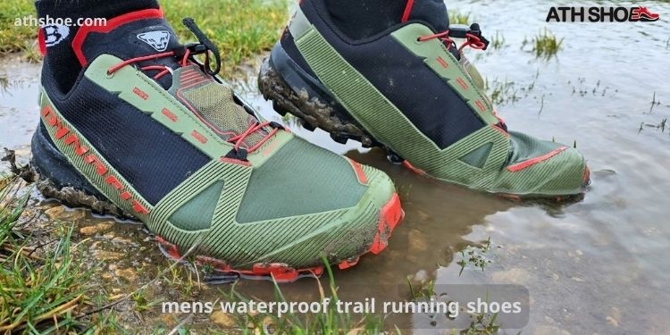 A picture of a sports shoe on someone's leg within the conversation about mens waterproof trail running shoes