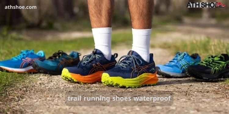A picture of a sports shoe on someone's leg is included in the conversation about trail running shoes waterproof